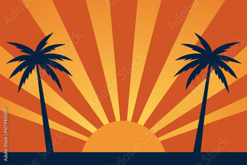 Tropical sunset with palm trees and sun rays