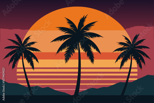Retro sunset with palm trees and mountains in a vintage color palette