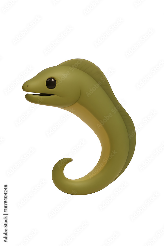 Fototapeta premium Adorable Cartoon Moray Eel, 3D Render, Olive Green, Playful Mood, Isolated on Black
