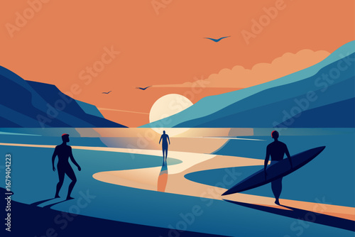 Silhouettes of surfers walking on a beach at sunset with mountains and birds in the background