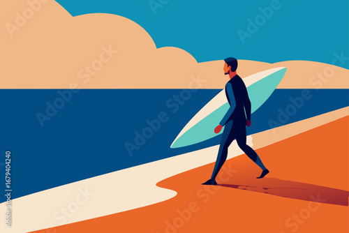A man in a wetsuit walks along a beach carrying a surfboard towards the ocean