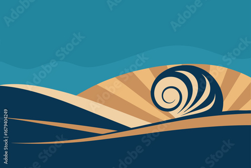 Stylized abstract landscape with rolling hills and a swirling wave pattern against a teal sky