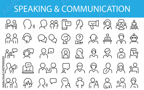 Minimalist Speaking and Communication Icon Set – 30 Line Art Symbols for Public Speaking, Messaging, Customer Support, Group Discussion, and Digital Interaction – Vector Pack