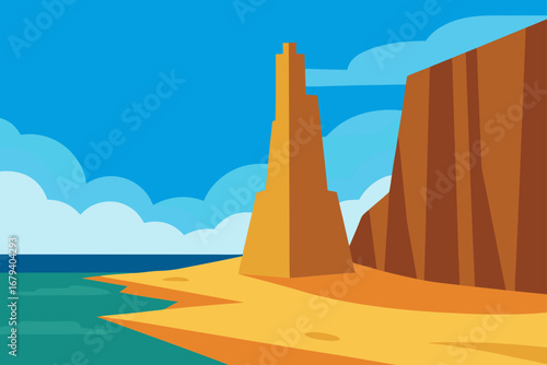 Stylized desert landscape with towering rock formations and a calm blue ocean under a cloudy sky