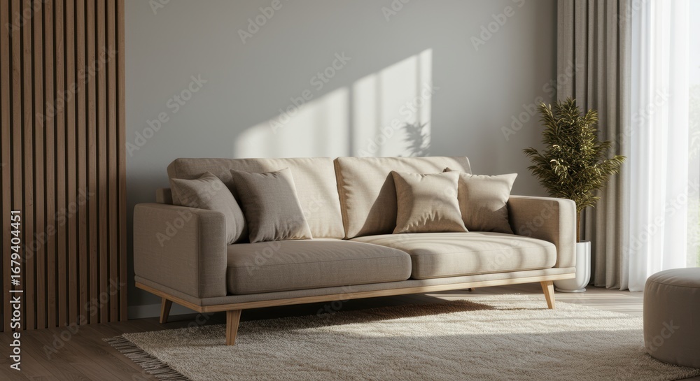 Fototapeta premium Serene interior showcases modern design with a comfortable couch and a stylish wooden wall in a cozy living room setting