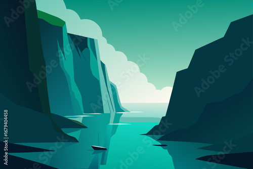 Serene fjord landscape with dramatic cliffs and a lone sailboat on calm turquoise water under a cloudy sky