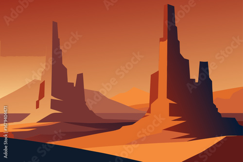 Stylized martian landscape with towering rock formations under a warm orange sky