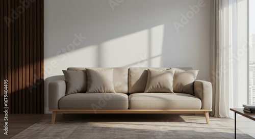 Sunlit modern living room showcasing a comfortable sofa minimalist design and inviting home decor for peaceful relaxation