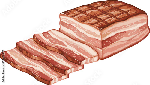 Sliced Grilled Bacon Block Vector Illustration, Transparent Background Icon
