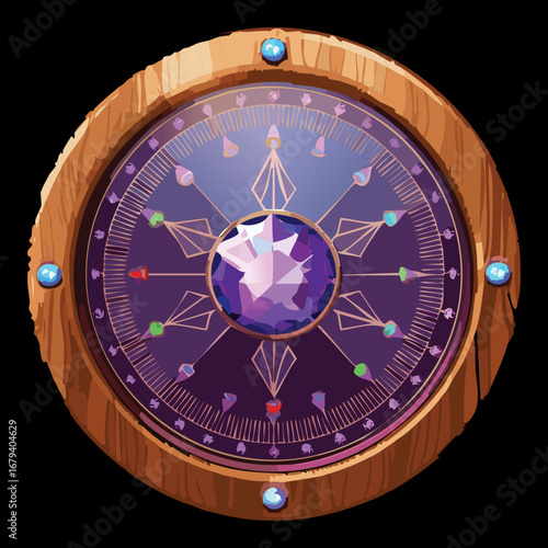 Dark compass with a glowing purple gem, a sinister and magical navigation device for a mysterious fantasy Game