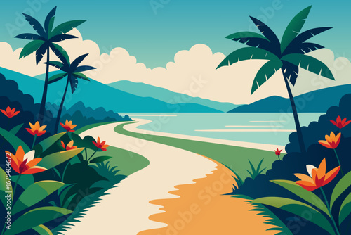 Tropical paradise with a winding path leading to a tranquil bay surrounded by lush foliage and palm trees under a clear sky with fluffy clouds