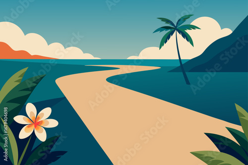 Serene tropical beach pathway leading to the ocean with a palm tree and a blooming flower