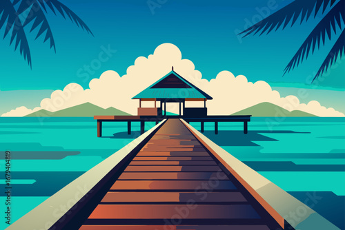 Wooden pier leading to a tropical hut over turquoise water with palm trees and mountains in the background