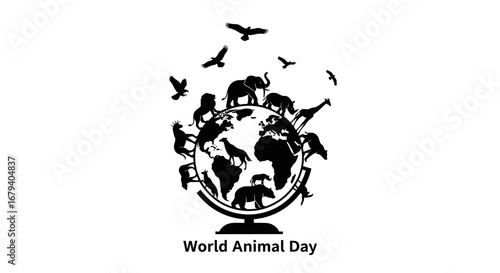 Vector art of world animal day illustration with diverse animals on globe