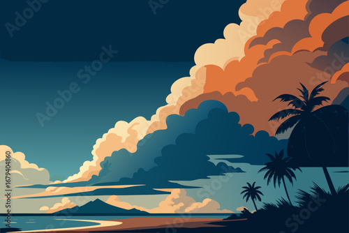 Dramatic sunset sky with colorful clouds over a tropical beach and ocean with silhouetted palm trees