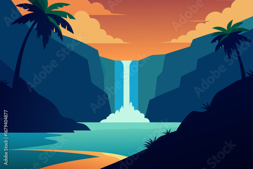 Serene tropical waterfall cascading into a turquoise lagoon at sunset with palm trees and dramatic clouds