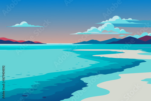 Stylized flat illustration of a serene coastal landscape with calm turquoise water sandy shore distant mountains and soft clouds under a gradient sky