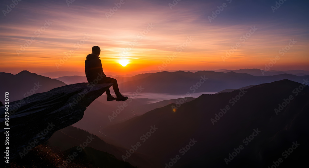 Fototapeta premium Man sitting on a cliff edge watching the sunset over mountains
