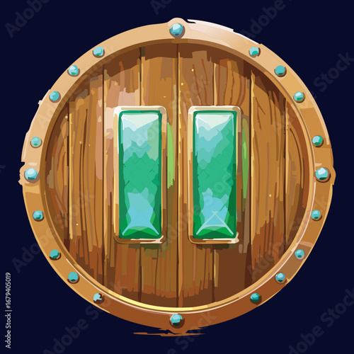 An intricate pause button icon featuring a brilliant green gem, set inside a rounded wooden frame with ornate golden decorations and delicate side jewels for a game UI
