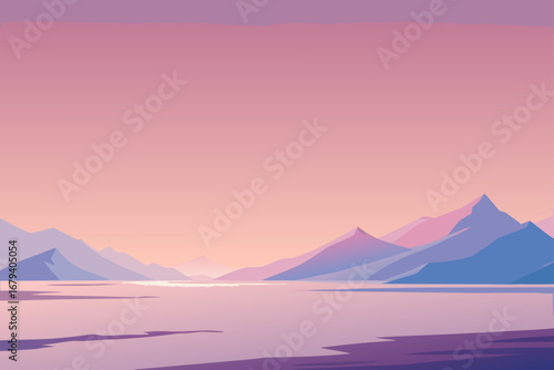 Serene mountain landscape with a calm lake reflecting the soft hues of a pastel pink and purple sunset sky