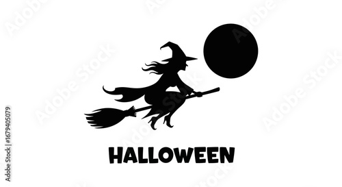 Vector art of halloween witch flying on a broomstick against a full moon