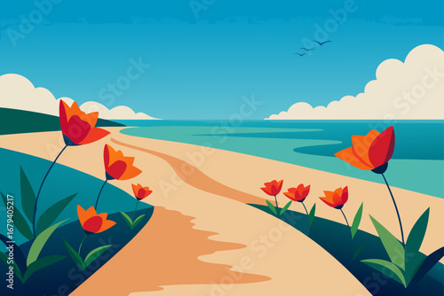 Vibrant orange flowers bloom along a sandy path leading to a serene turquoise ocean under a clear blue sky with fluffy clouds