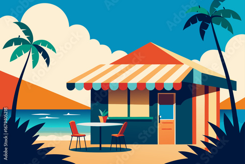 Vibrant beachside cafe with palm trees and ocean view under a clear blue sky