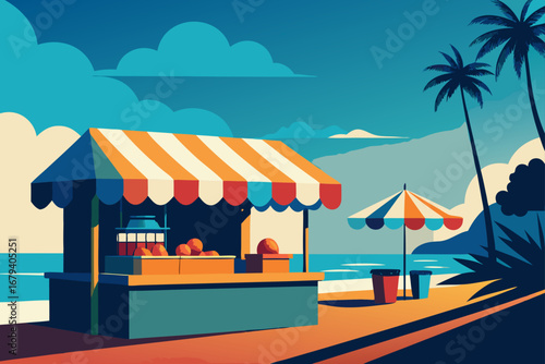 Vibrant beachside kiosk with striped awning and palm trees under a bright blue sky