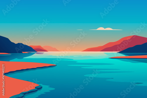 Serene minimalist landscape with a calm lake reflecting the warm hues of a sunset and distant mountains