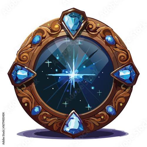 A uniquely designed magical emblem with a downward-pointing silhouette, featuring a glowing blue orb and a powerful starburst, a celestial fantasy game asset