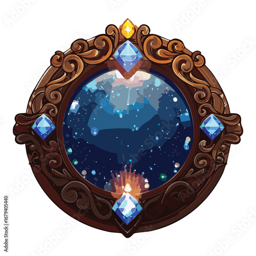 A majestic golden frame with a unique pointed top, encircling a magical orb with a bright light and a swirling galactic vortex inside for a fantasy item icon