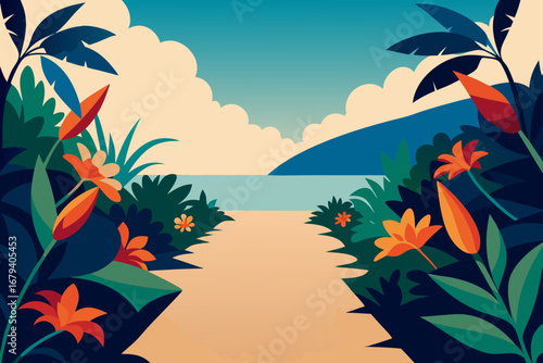 Tropical paradise pathway leading to a serene ocean view with lush foliage and vibrant flowers under a cloudy sky