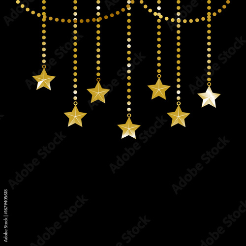 Golden star ornaments with string lights suspended against a black background, festive celebration decoration