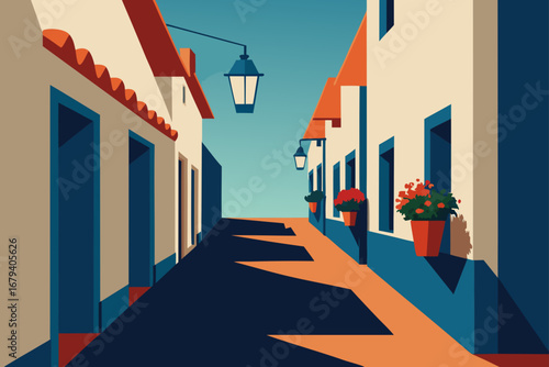 A charming european street scene with white buildings blue doors orange awnings and blooming flowers under a clear sky