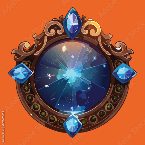 An elegant magical emblem with a luminous central blue crystal and smaller gems, set within a stylized golden frame for a fantasy power-up icon