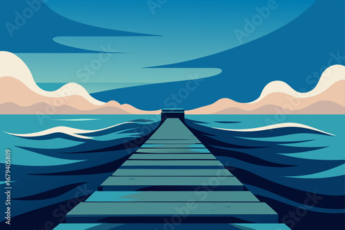 A minimalist illustration of a wooden pier extending into a calm blue ocean under a stylized sky with distant mountains