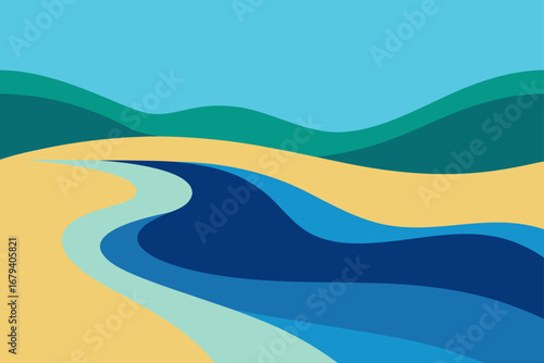 Abstract landscape with flowing river sand dunes and rolling green hills under a clear blue sky