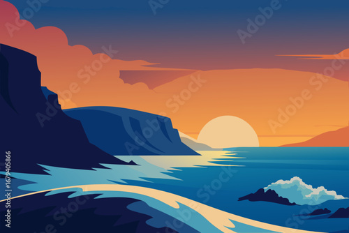 Stylized minimalist coastal landscape at sunset with dramatic cliffs and vibrant orange sky reflected on the water