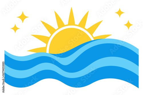 Bright yellow sun rising over stylized blue ocean waves with sparkling stars on a white background