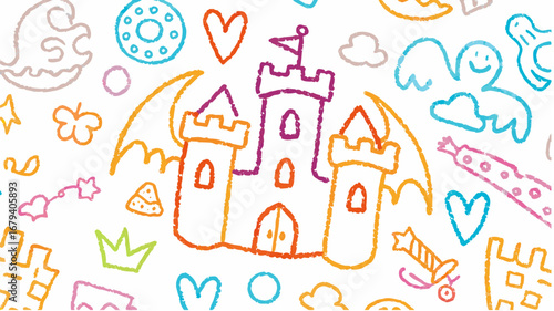 Whimsical crayon drawing featuring a castle with wings surrounded by hearts and fantasy elements design