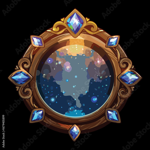 A grand golden frame encircling a deep blue celestial portal, filled with distant stars and a swirling galaxy, representing cosmic power