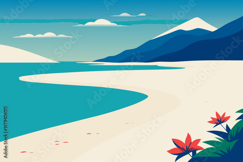 Stylized minimalist landscape featuring a winding sandy beach with turquoise water and distant blue mountains under a clear sky with clouds