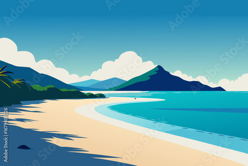 Stylized flat illustration of a tropical beach with turquoise water golden sand lush green hills and majestic mountains under a clear blue sky with fluffy clouds