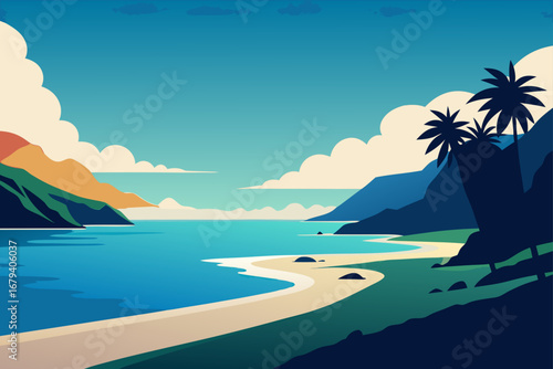 Stylized tropical beach scene with calm turquoise water sandy shore lush green hills and palm trees under a clear blue sky with fluffy clouds
