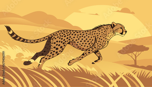 "A cheetah running across a golden savannah during sunset, dust clouds around its paws, cinematic motion blur, high-resolution and dynamic wildlife photography style."