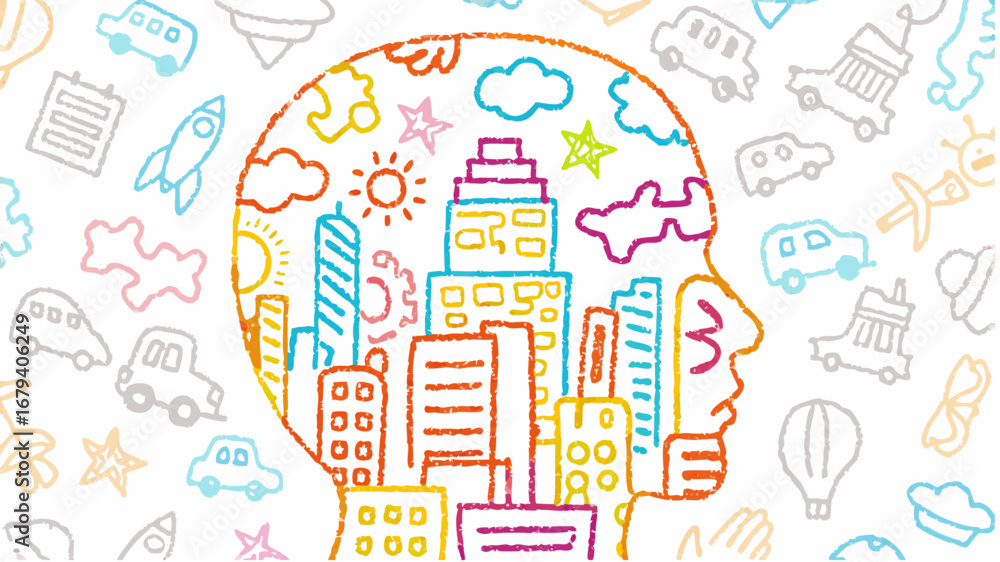 Obraz premium Cityscape inside a head outline surrounded by colorful drawings of objects on a white background design