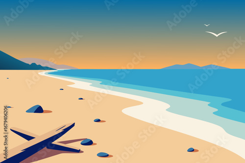 Minimalist beach scene with calm ocean waves sandy shore distant mountains and a piece of driftwood under a gradient sky with flying birds