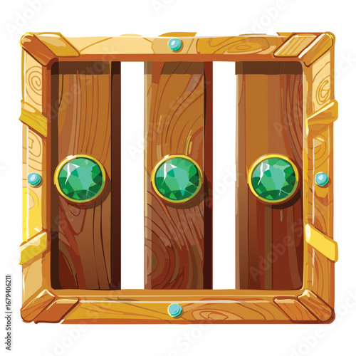 Game user interface menu with a wooden panel and large emerald gems, a fantasy GUI element for RPG and adventure games