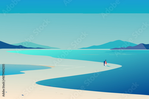 Two people stand on a sandy spit of land surrounded by turquoise water and distant blue mountains under a clear sky
