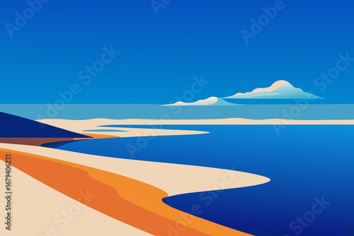 Stylized minimalist landscape of a bright blue ocean meeting a sandy beach with rolling dunes under a clear sky